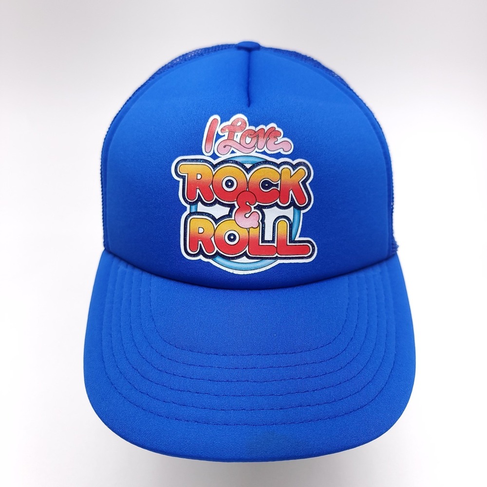 Vintage I Love Rock & Roll Trucker Hat Blue Mesh Foam Snapback Cap